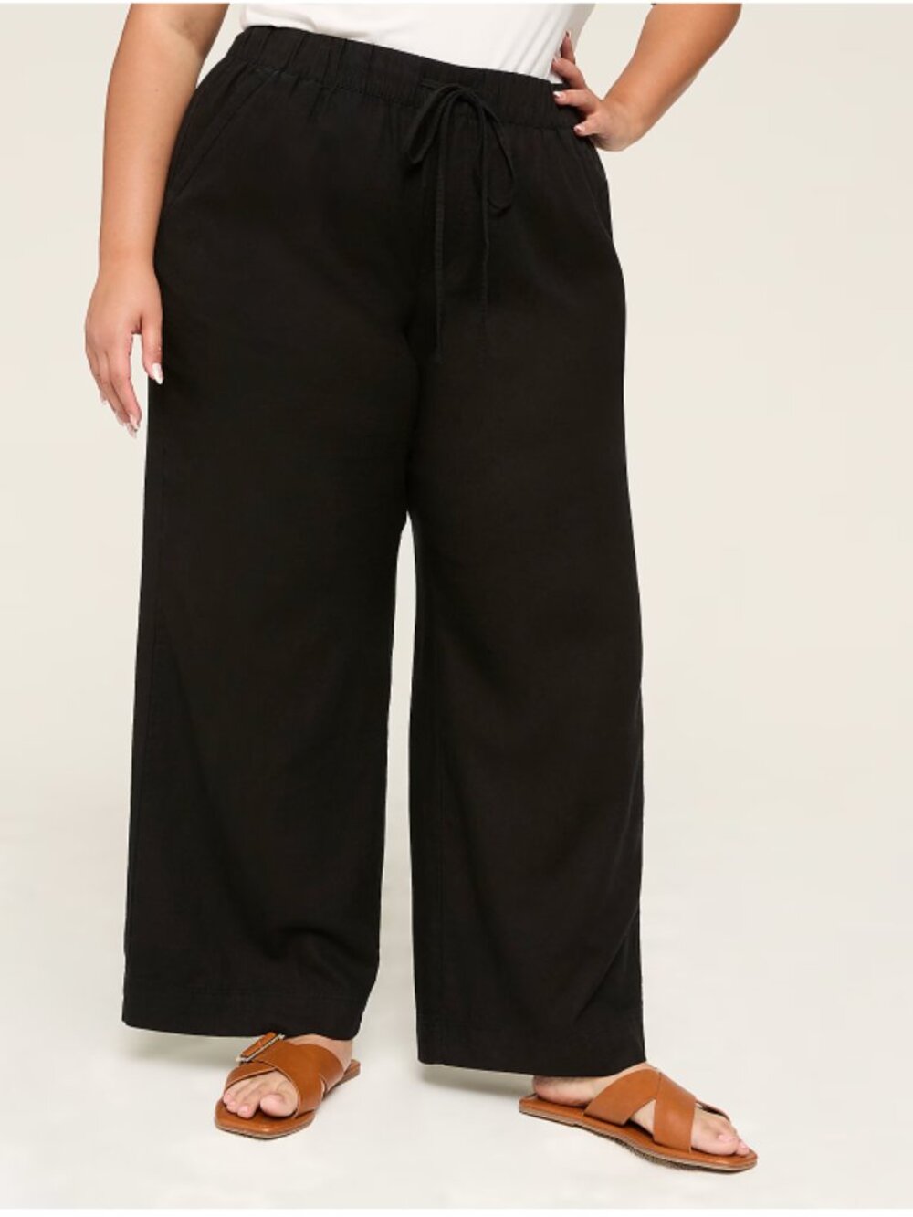 Lane Bryant Womens |20| Black Linen Blend Wide Leg Drawstring Pull-On Pants